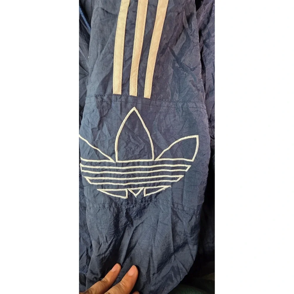 Vintage Adidas Windbreaker Jacket Navy Blue Mens Medium Full Zip Hooded 90s Logo